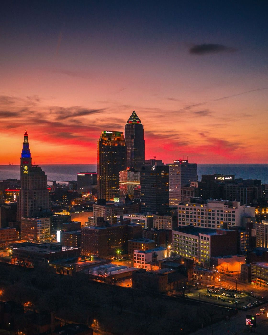 Downtown Cleveland skyline at sunset